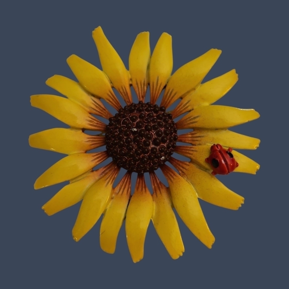 Vtg HEDY Canary Yellow Sunflower Ladybug Painted Metal Brooch